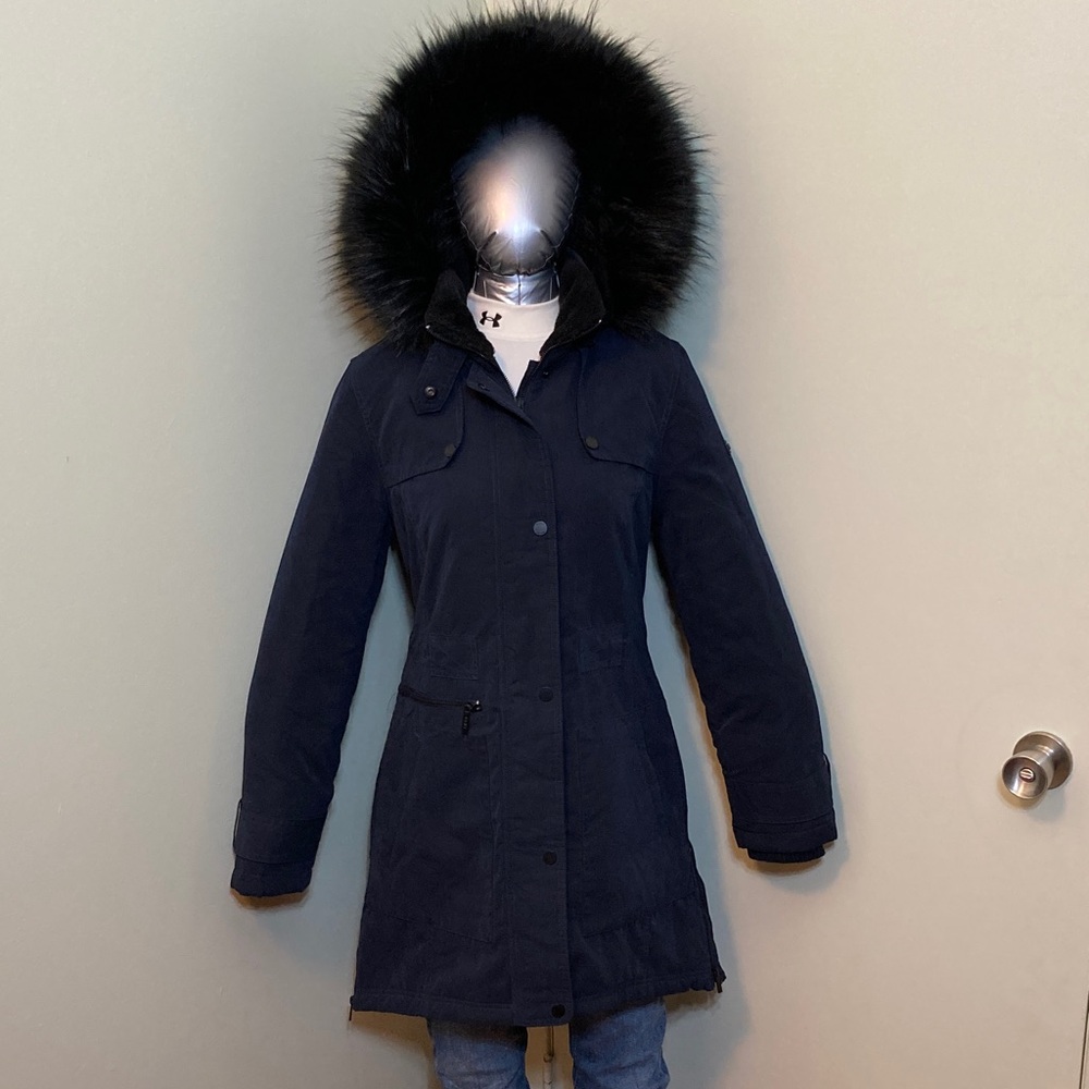DKNY Dark Navy Parka with Faux Fur Trim